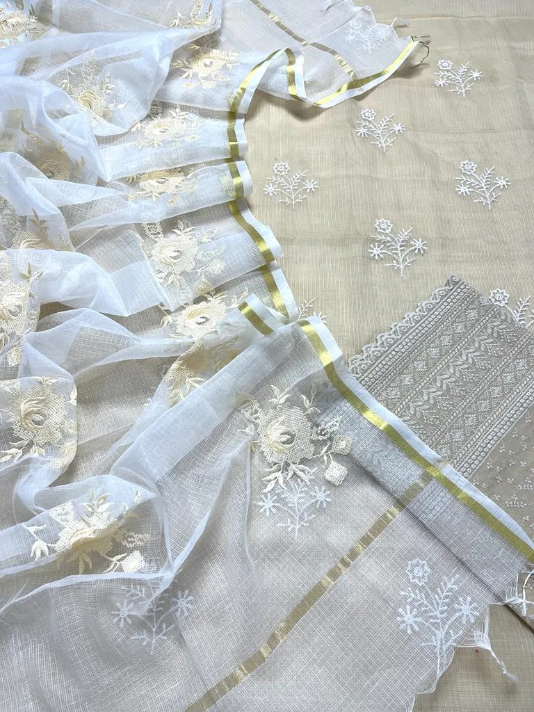 Yellow Hand Embroided Kota Doria Suit Fabric With Dupatta