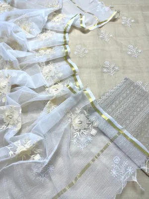 Yellow Hand Embroided Kota Doria Suit Fabric With Dupatta