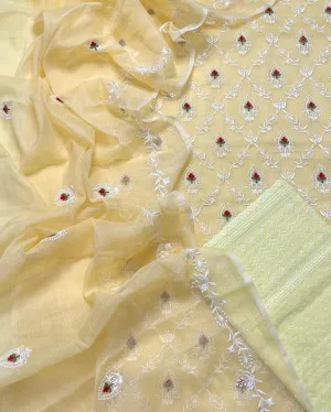 Yellow Hand Embroided Kota Doria Suit Fabric With Dupatta